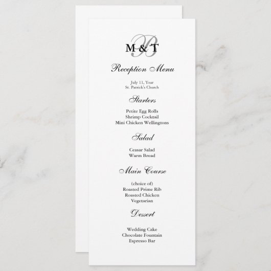Menu mat noir et blanc de mariage de monogramme (Devant / Derrière)