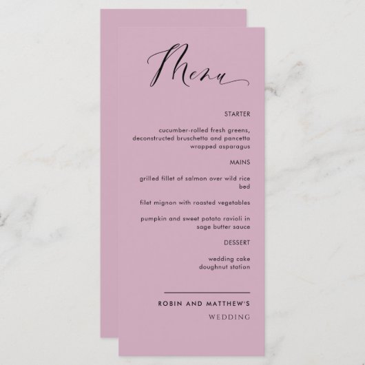 Menu Mauve Élégant, Calligraphie Mariage / Réception (Devant / Derrière)