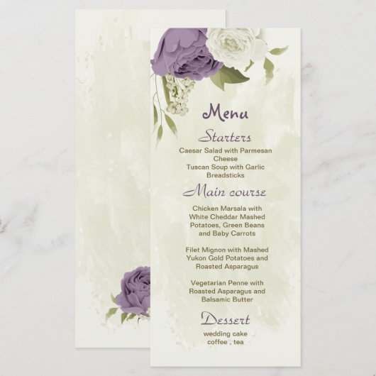 Menu mauve fleurs blanches verdure mariage (Devant / Derrière)