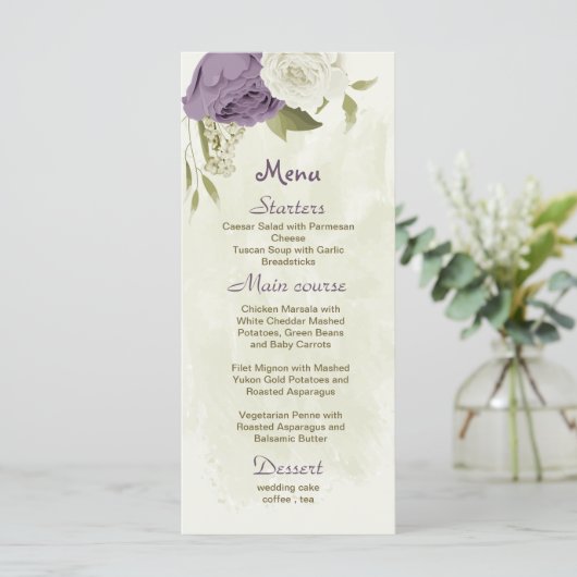 Menu mauve fleurs blanches verdure mariage (Debout devant)