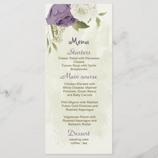 Menu mauve fleurs blanches verdure mariage (Devant)