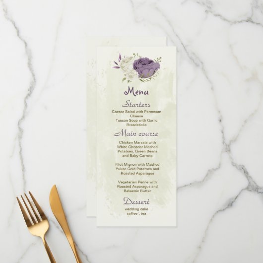 Menu mauve fleurs blanches verdure mariage (Devant/Arrière en situation)