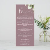 Menu Mauve Floral Greenery Monogram Dîner Mariage (Debout devant)