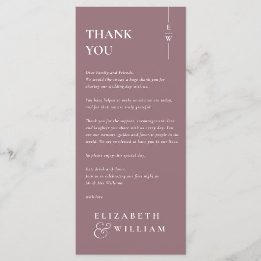 Menu Mauve Moderne Monogram Mariage Merci (Devant)