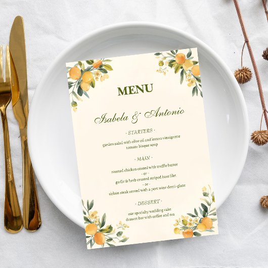 Menu Mediterranean Citrus Botanical Wedding