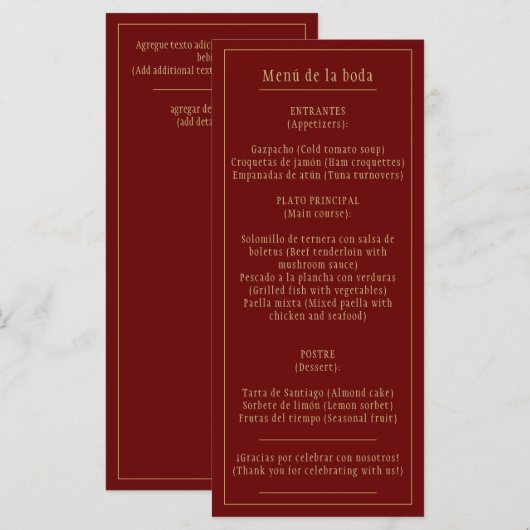 Menu Menú Boda Bilingüe Español Inglés Borgoña Oro (Devant / Derrière)