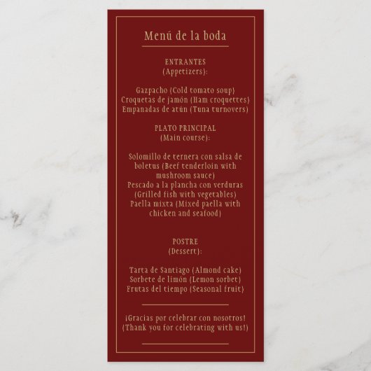 Menu Menú Boda Bilingüe Español Inglés Borgoña Oro (Devant)