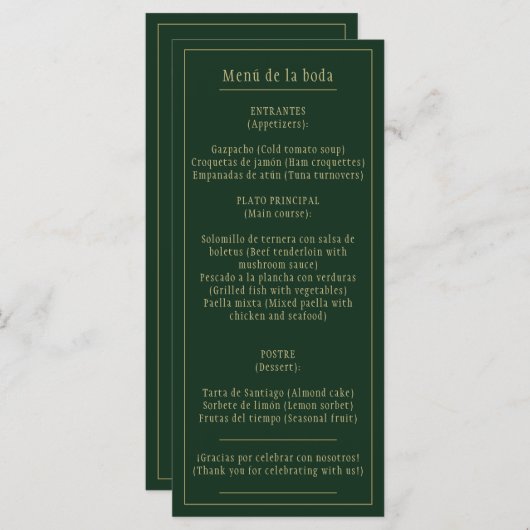 Menu Menú Bodas Oro Verde Bilingüe Español Inglés (Devant / Derrière)