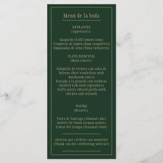 Menu Menú Bodas Oro Verde Bilingüe Español Inglés (Devant)