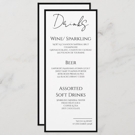 Menu Menú Drinks Minimal Bordes Negros Boda Elegante (Devant / Derrière)