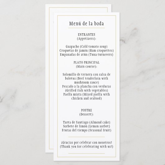 Menu Menú oro Blanco Clásico Bilingüe Español e Inglés (Devant / Derrière)
