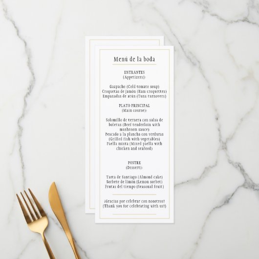 Menu Menú oro Blanco Clásico Bilingüe Español e Inglés (Devant/Arrière en situation)