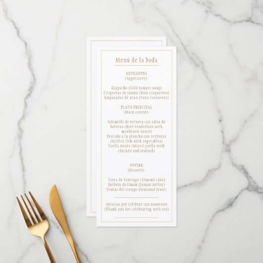 Menu Menú oro Blanco Clásico Bilingüe Español e Inglés (Devant/Arrière en situation)