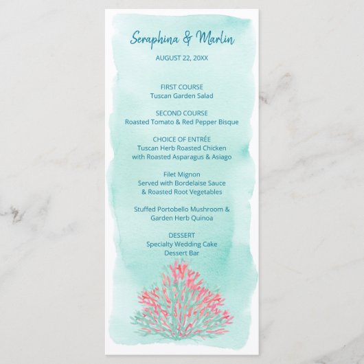 Menu Mer d'amour | Mariage de corail d'aquarelle marine (Devant)