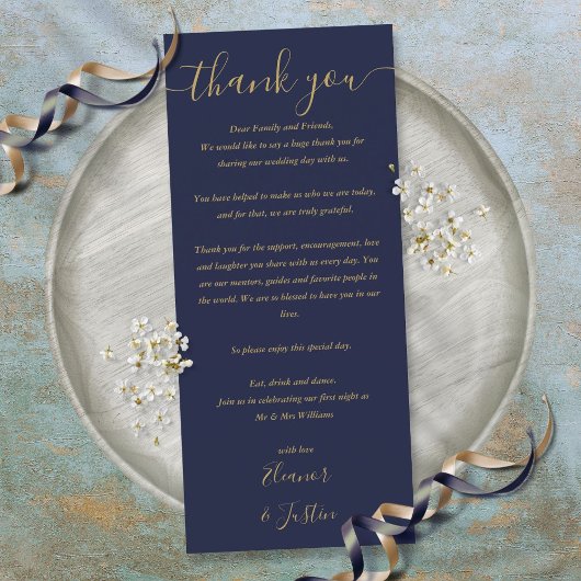 Menu Merci d'accueil de mariage Blue Gold Place Card