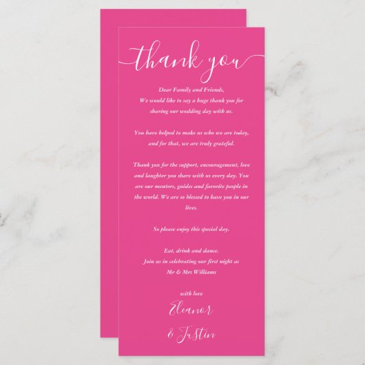 Menu Merci De Réception Mariage Hot Rose Place Card (Devant / Derrière)