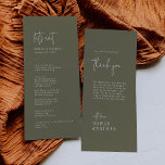 Menu Merci et Mariage vert olive chic moderne<br><div class="desc">Ce chic et moderne menu vert olive vous remercie et mariage est parfait pour un mariage simple. Le design boisé boho comprend une typographie bohème rustique unique et élégante dans une couleur verte boisée minimale. Personnalisez la carte de table avec votre menu à l'avant et un message de remerciement pour...</div>