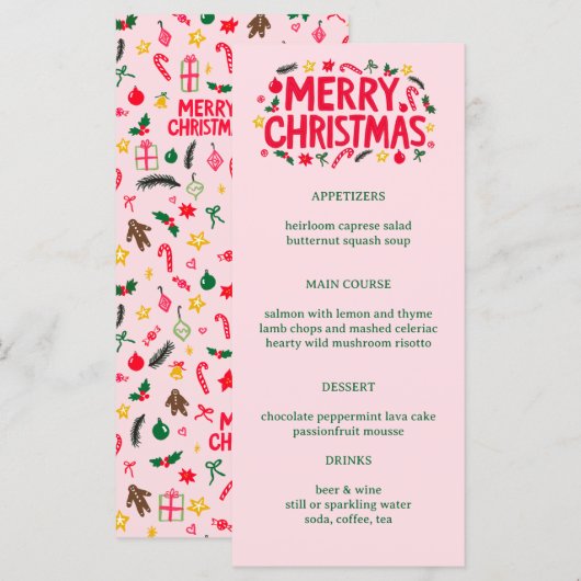 Menu Merry Christmas Cute CUSTOM Holiday Dinner Party (Devant / Derrière)