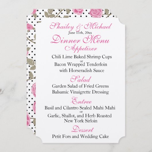MENU met roze/zwarte WEDDING Kaart (Voorkant / Achterkant)