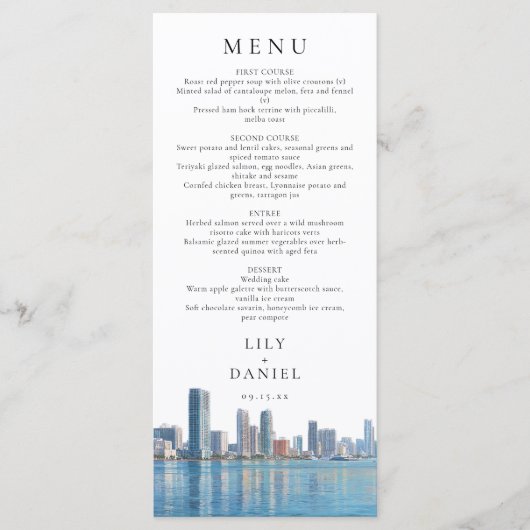Menu Miami Skyline Watercolor Destination Wedding (Devant)