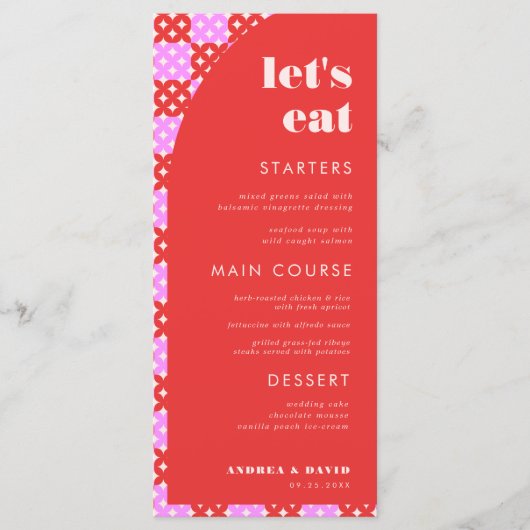 Menu Mid Century Mod Rose & Rouge Mangeons Mariage (Devant)