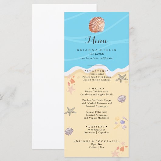 Menu Minimal Blue Ocean Summer Wedding (Devant / Derrière)