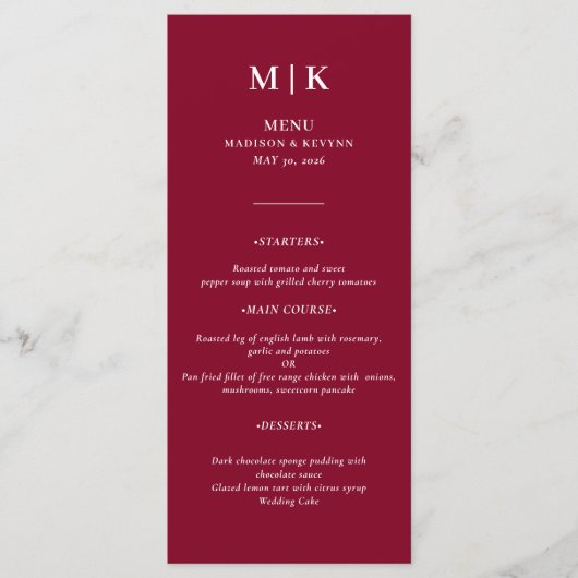 Menu Minimal et chic | Bourgogne et Mariage blanc (Devant)
