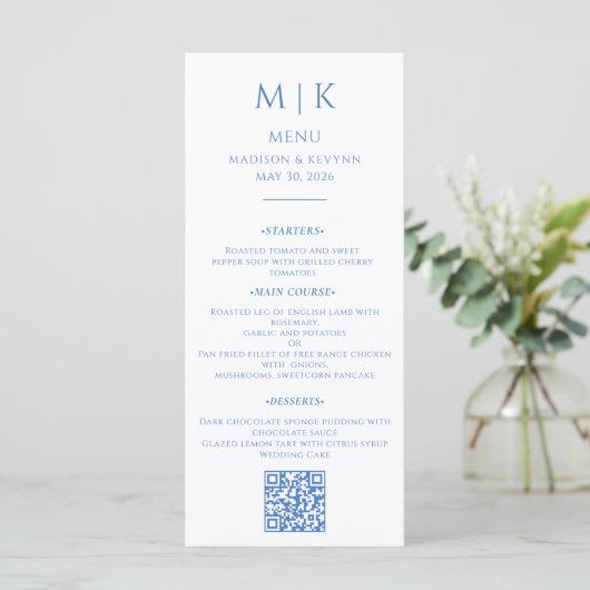 Menu Minimal et chic | Code QR Mariage bleu (Debout devant)