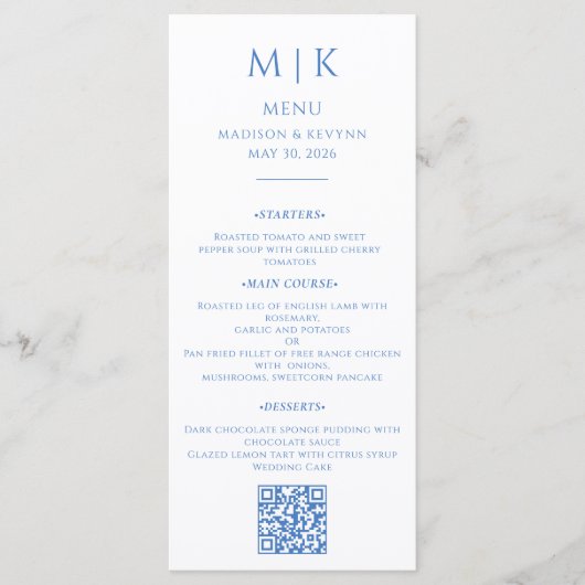 Menu Minimal et chic | Code QR Mariage bleu (Devant)