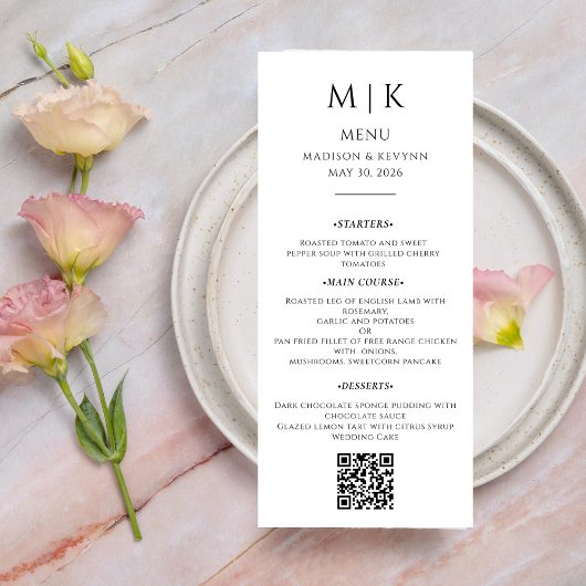 Menu Minimal et chic | Code QR Mariage noir et blanc
