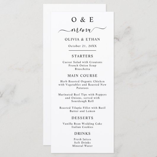Menu Minimal et chic | Dîner Mariage noir et blanc (Devant / Derrière)