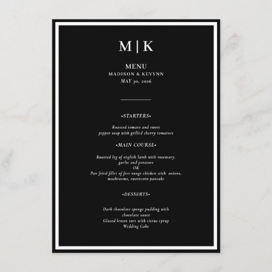 Menu Minimal et chic | Mariage noir et blanc (Devant)