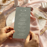 Menu Minimal et chic | Mariage vert Sage<br><div class="desc">Ces cartes de menu mariage moderne et élégantes ou cartes de menu pour le dîner de répétition présentent un design simple vert et blanc,  qui dégage un style minimaliste. Ajoutez vos initiales ou votre monogramme pour les rendre complètement vôtres.</div>