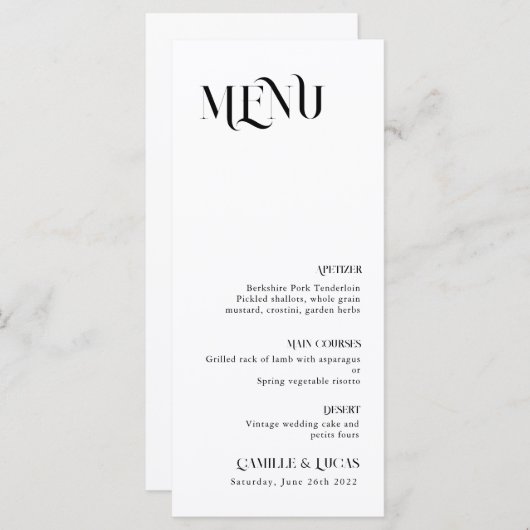 Menu minimal et chic noir et blanc Mariage (Devant / Derrière)