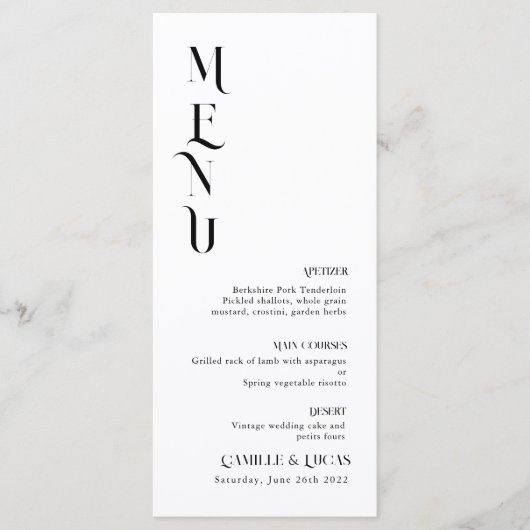 Menu minimal et chic noir et blanc Mariage (Devant)