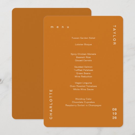 Menu Minimal Mariage Burnt Orange (Devant / Derrière)