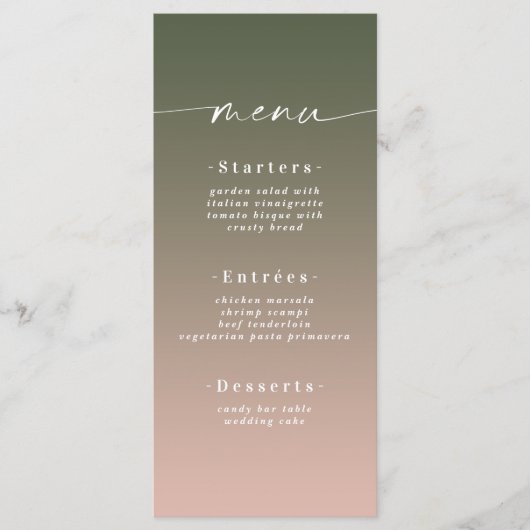 Menu Minimal Ombre Hunter Mariage vert et rose (Devant)