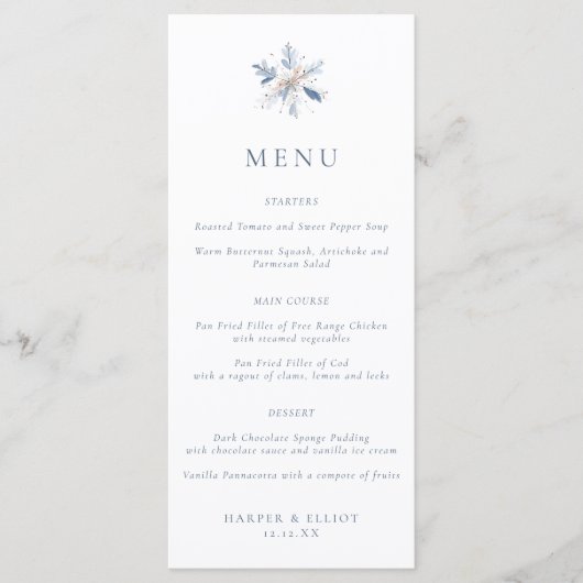 Menu Minimalist Blue Snowflake Winter Wedding (Devant)