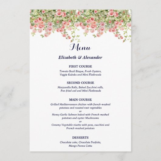 Menu Minimalist Simple Pretty rose vine floral wedding (Devant)