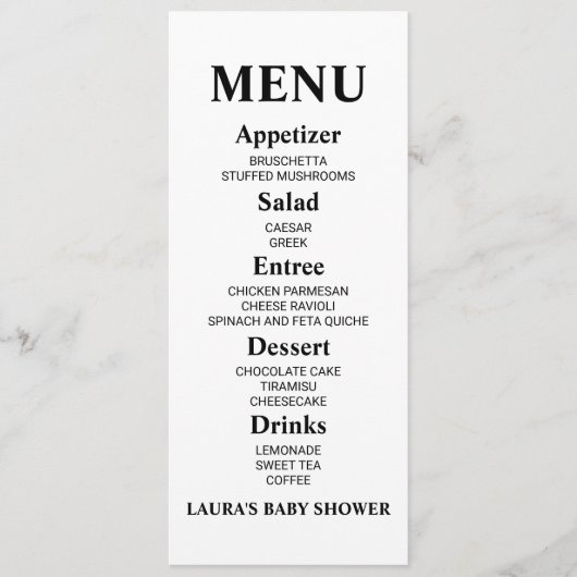 Menu minimaliste Baby shower (Devant)