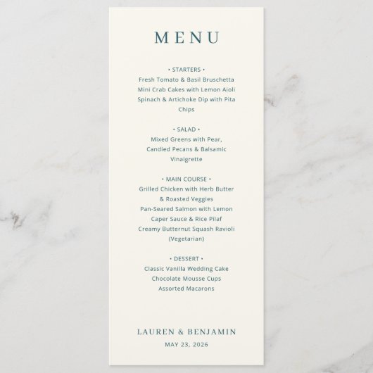 Menu Minimaliste Élégant Bleu Marine (Devant)