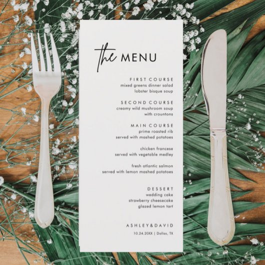 Menu minimaliste et simple Mariage