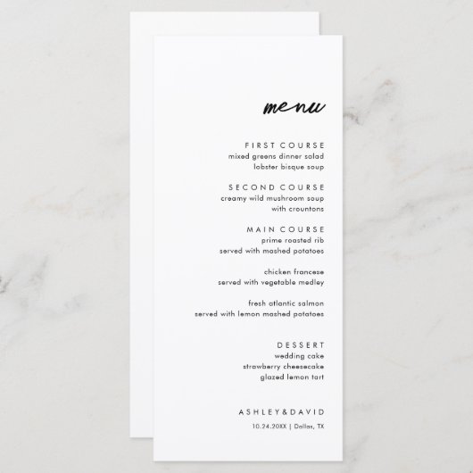 Menu minimaliste et simple Mariage invité (Devant / Derrière)