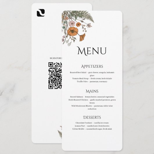 Menu Minimaliste Floral pour Restaurant ou Mariage (Devant / Derrière)