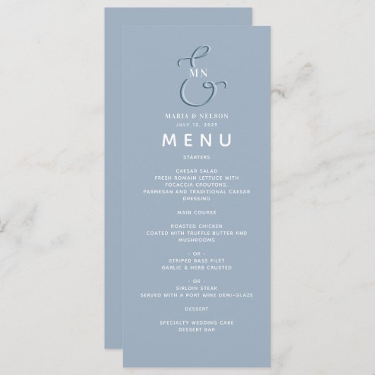 Menu minimaliste Mariage bleu Dusty (Devant / Derrière)