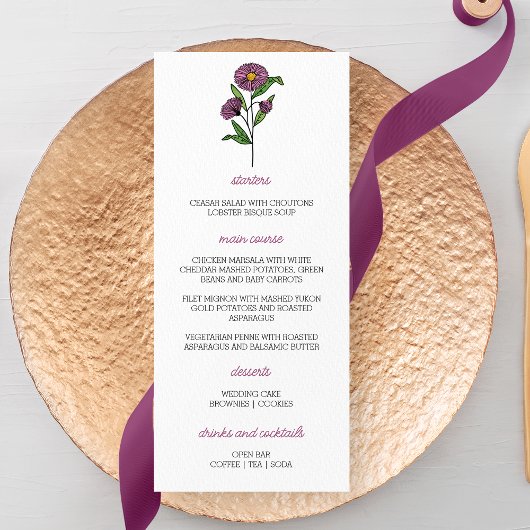Menu minimaliste Mariage d'aster violet