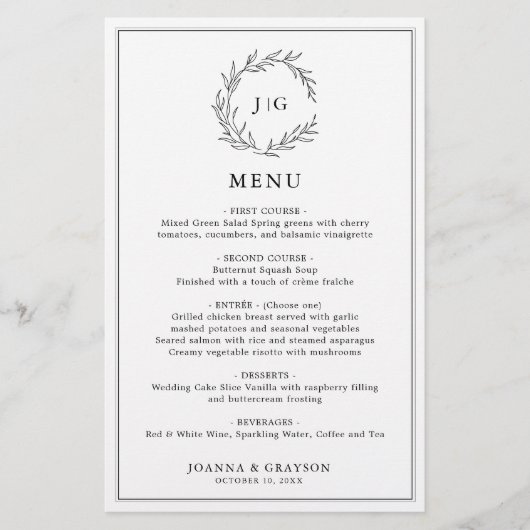 Menu minimaliste Mariage moderne à feuille noire e (Devant)