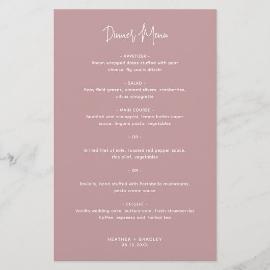 Menu minimaliste Mariage moderne rose (Devant)