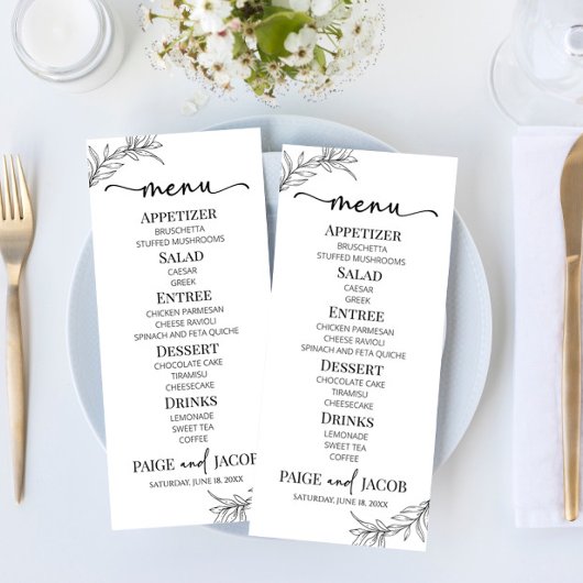 Menu Minimaliste minimaliste noir blanc Mariage feuille