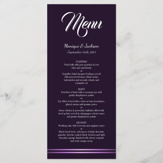 Menu minimaliste moderne Mariage violet (Devant)